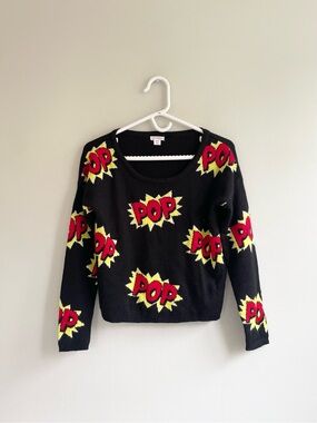 XHILARATION BLACK LONG SLEEVE CEW NECK SWEATER RED LETTERS POP YELLOW FURRY